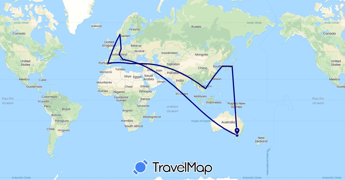 TravelMap itinerary: driving in Australia, Switzerland, Germany, Spain, Greece, Italy, Japan, South Korea, Norway, Turkey, Vietnam (Asia, Europe, Oceania)